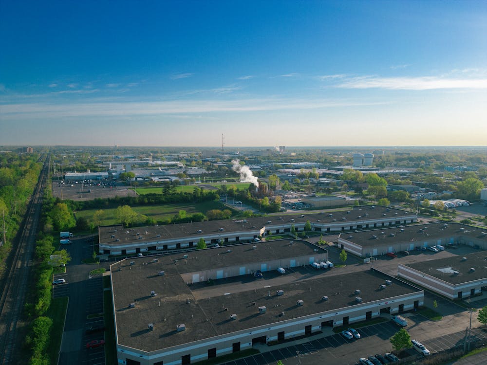 Aerial view of distribution center flat roof in Chicagoland