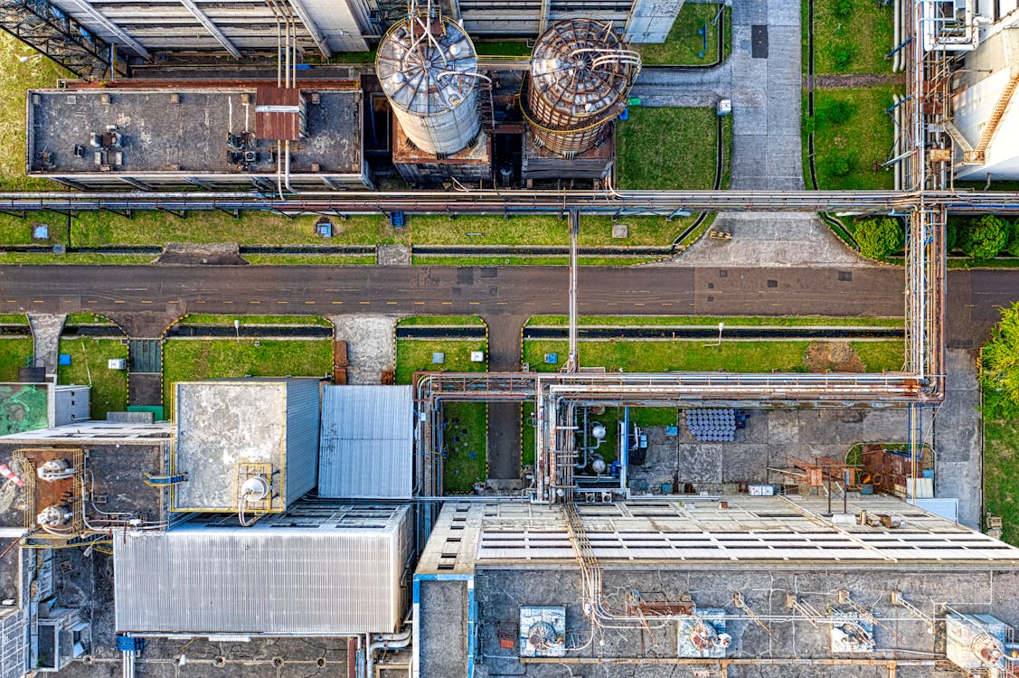 Aerial view of manufacturing facility flat roof in Central Illinois