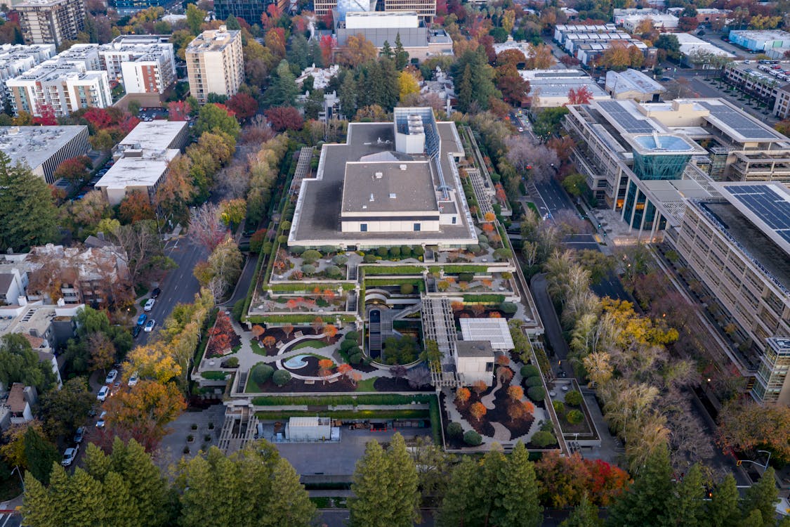 Aerial view of corporate office building flat roof in Northern Illinois